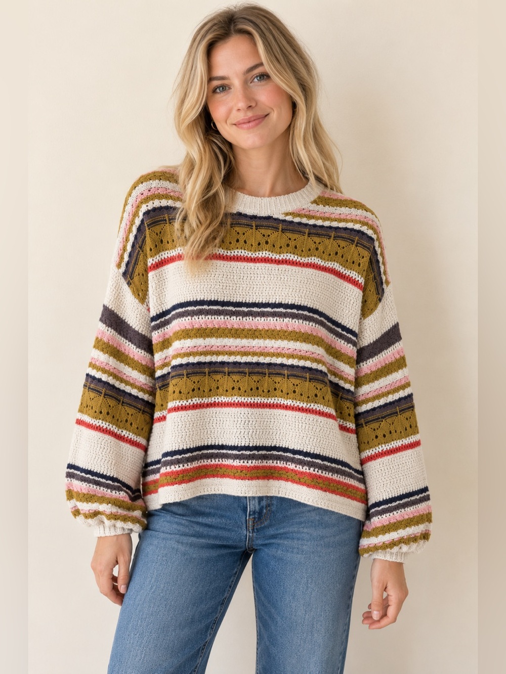POL Striped Crochet Sweater - Cream, Mustard, Navy, Pink